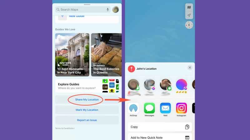 蘋果地圖應用程式示範如何在 iPhone 上與他人分享您的位置。