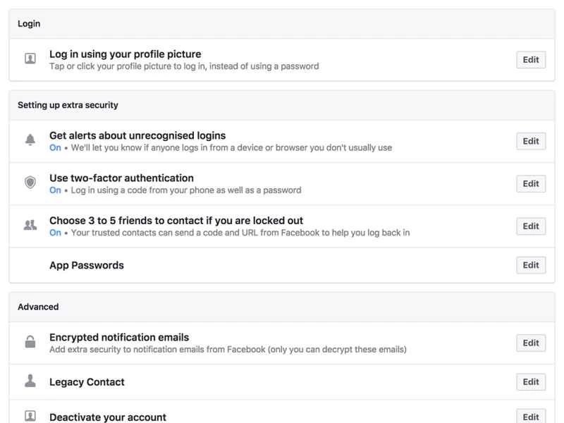 Facebook 的帳號安全設定頁面