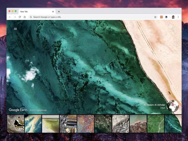 這是Google瀏覽器中新標籤頁的螢幕截圖，顯示了使用 Earth View 瀏覽器擴充功能後地球上某個地點的圖像。