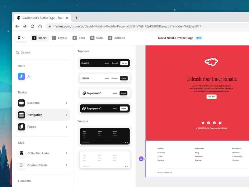 Framer介面可讓您編輯根據您的提示產生的任何AI網站。